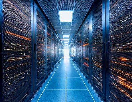 futuristic data center hallway with brightly lit server cabinets