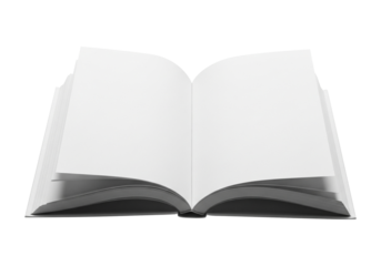 Open blank paperback book with empty pages, clean white backdrop