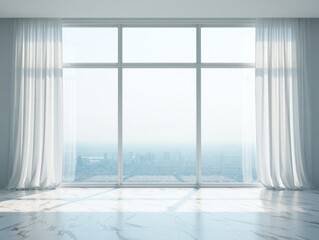 Obraz premium Expansive Window View with Sheer Curtains and Bright Light Flooding Minimalist Room
