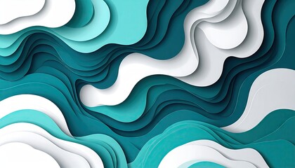 Abstract flowing waves of teal and white modern layered paper cut art.