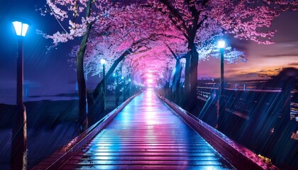 neon lit cherry blossom pathway on a rainy evening
