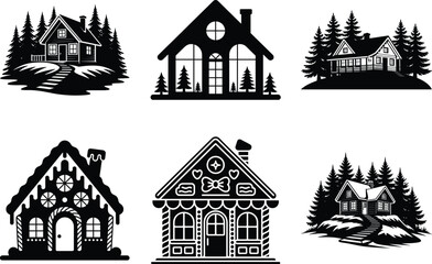 Beautiful Christmas Night House Silhouette with Snow Scene