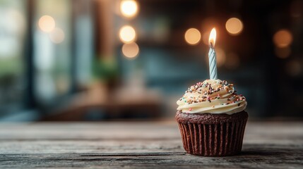 Cupcake with white frosting and one candle on a wooden table against a blurred background.