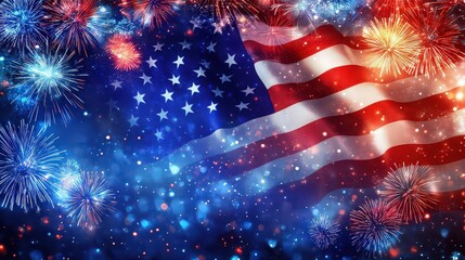 An american flag waving in the wind with fireworks exploding in the background for celebration