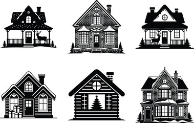 Snowy Christmas Village Silhouette &ndash; Holiday Season Illustration