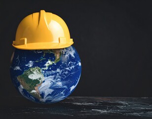 Yellow hard hat on planet Earth globe symbolizing global construction and safety initiatives.