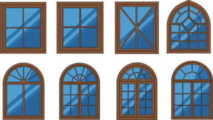 Obraz premium Architectural window silhouette set, classic and modern styles, arched and square frames, vector clipart, building design elements collection