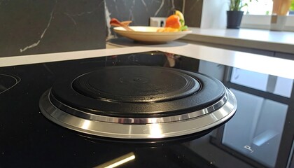A modern kitchen stove top with a circular vent, reflecting the countertop. A wooden bowl holds produce and the backdrop features a light-colored countertop and a black wall