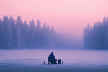 A tranquil winter sports image of a single figure ice fishing on a frozen lake surrounded by a snowy forest.