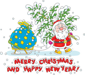 On the snowy night before Christmas funny Santa Claus with a felled small fir tree pulling his sledge with a big magical bag of winter holiday gifts for little kids, vector cartoon illustration