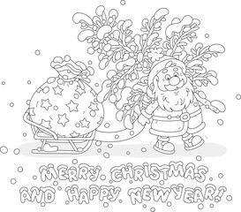 On the snowy night before Christmas funny Santa Claus with a felled fir tree pulling his sledge with a big magical bag of winter holiday gifts for little kids, black and white outline vector cartoon