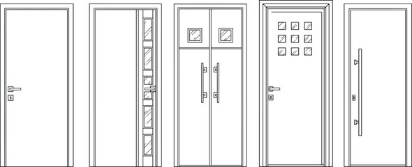 Door design silhouette set, architectural entry icons, modern and classic styles, vector clipart for construction and interior planning