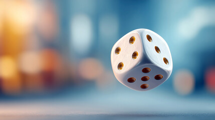 A white die is falling from the sky, the focus of the photography is on a single rolling cube, with a motion blur effect for depth of field.