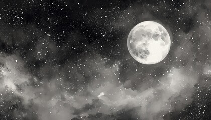 Starry Night Watercolor Painting: Moon And Stars Depicted In Beautiful Watercolors. A Tranquil And Lovely Scene Capturing The Night Sky.