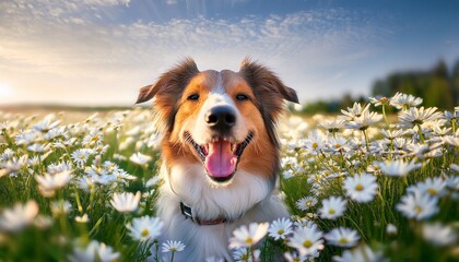 joyful dog surrounded by white flowers in a field