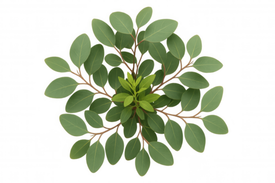 Eucalyptus plant with green leaves and brown branches top view, transparent background, fresh growth - Powered by Adobe