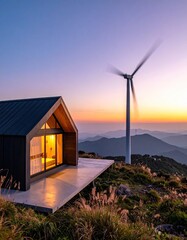 Modern minimalist cabin with wind turbine on mountain at sunset.