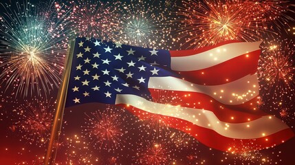 Waving american flag with fireworks in the background celebrating independence day in the united states