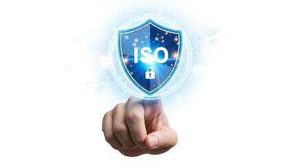 ISO certification concept with shield and padlock hand pointing towards it