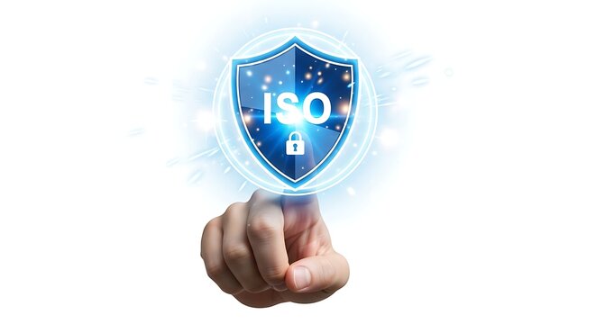 ISO certification concept with shield and padlock hand pointing towards it