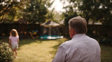 An elderly man watches a young child playing in a sunlit backyard evoking a sense of warmth and nostalgia