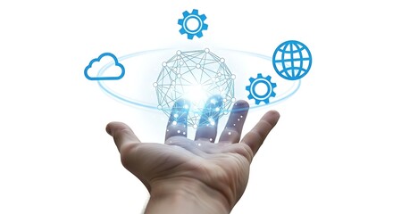 Hand holding data network sphere with cloud gear and globe icons