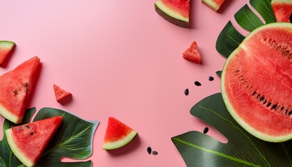 pink background with watermelon slices and leaves for annual american watermelon day on august 3