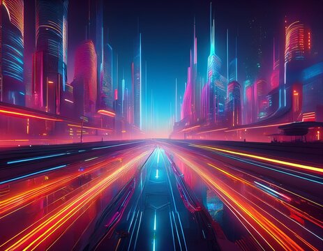 dynamic futuristic city with streaming neon lights