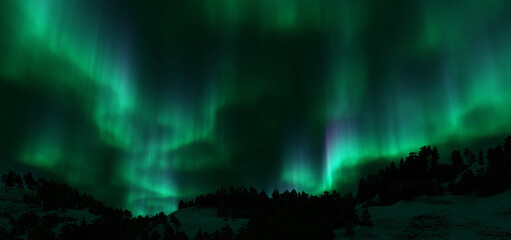 A beautiful green and red aurora dancing over the hills