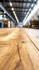 Close up perspective of a textured wooden floor in a large industrial warehouse.
