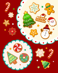 Cute Christmas Gingerbread Cookies and Candy Canes on a Round Plate, Snowman, Santa, and Tree Cookies vector illustration