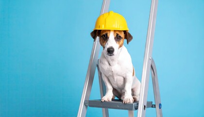 Adorable Jack Russell dog wearing yellow hard hat on ladder.