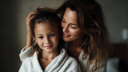 Mother gently brushing her daughter s hair during their morning routine at home conveying love and care