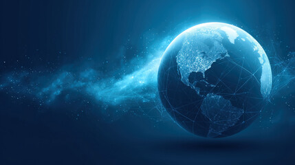 Abstract digital blue planet Earth with a global network and connectivity concept, data transfer in space on a black background.