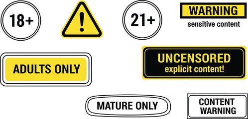 adult content warning vector, sensitive content label illustration for mature audience projects, caution signage, and responsible digital design use