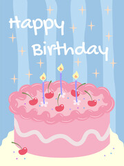 Happy Birthday card with a cake and candles. Bright festive vector illustration perfect for greetings, invitations, posters, or prints.
