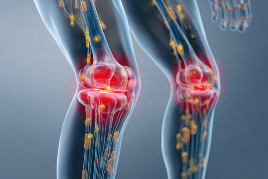 Joint pain, arthritis and tendon and cartilage problems. Human knees with inflammation and pain, modern digital technology. Doctor analyzes knee pain isolated on light blue background