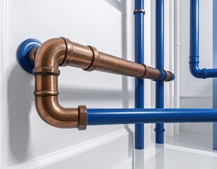 Close up of copper and blue plumbing pipes against a white wall.