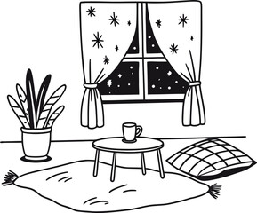 Cozy Room Scene with Night Sky View A serene black and white illustration showcasing a plant, coffee table with a mug, a patterned pillow, and a window to a star filled night.