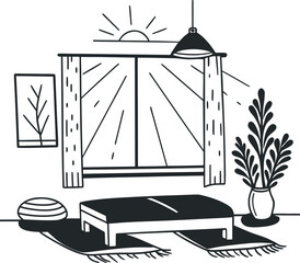 Serene Boho Chic Interior Illustration Tranquil Room Scene with Natural Light Peaceful Vibe Cozy Home Decor Window with Sunrise Trendy Artwork Black and White Minimalist Design