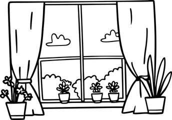 Serene Window View A Black and White Illustration of a Cozy Room Interior with Potted Plants and Curtains Overlooking a Peaceful Landscape with Clouds in the Sky
