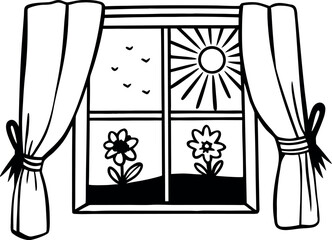 Black and White Window View with Flowers and Sun Shining Through  a Charming Black and White Drawing of a Window with Curtains and Nature's Beauty