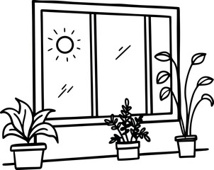 Indoor Plants Near the Window with Sun Reflection, Minimalist Black and White Illustration of Three Houseplants Placed on a Shelf near a Window with a Sun Reflection