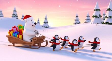 Fototapeta premium Polar bear in santa hat pulls sleigh with penguins and gifts through snow