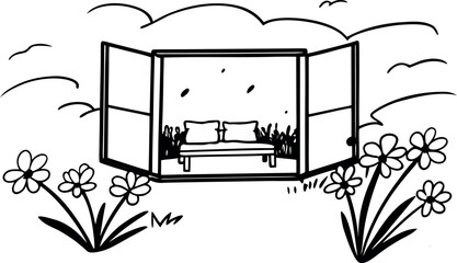 Open Window View of a Peaceful Garden Scene with Flowers and Clouds on a Sunny Day a Serene Black and White Illustration of Nature's Beauty