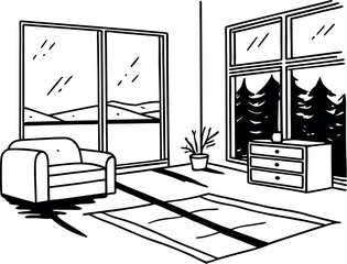 Monochromatic Interior Scene Serene Room with Natural Light and a Calming View a Cozy Armchair beside the Sliding Door an indoor Potted Plant in the room