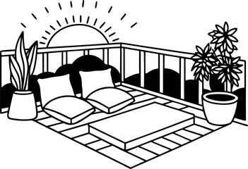 Black and White Balcony Bliss An Outdoor Retreat Featuring Floor Seating Cozy Pillows Plants and a Serene View Bathed in Sunlight An Artistic and Inviting Scene