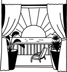 Serene Balcony Escape A Coastal View Framed by Curtains and Lush Plants A Tranquil Scene with Sun Kissed Horizon and a Comfortable Lounge Chair