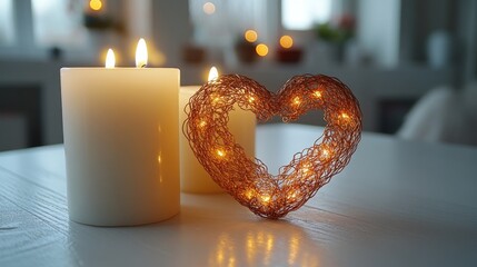 Romantic candlelight dinner setting with a wire heart decoration.