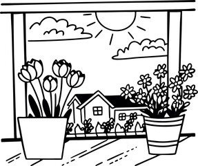 Charming Window View with Floral Pots and Distant House a Serene Black and White Illustration Capturing the Simplicity of Home and Nature's Beauty on Display